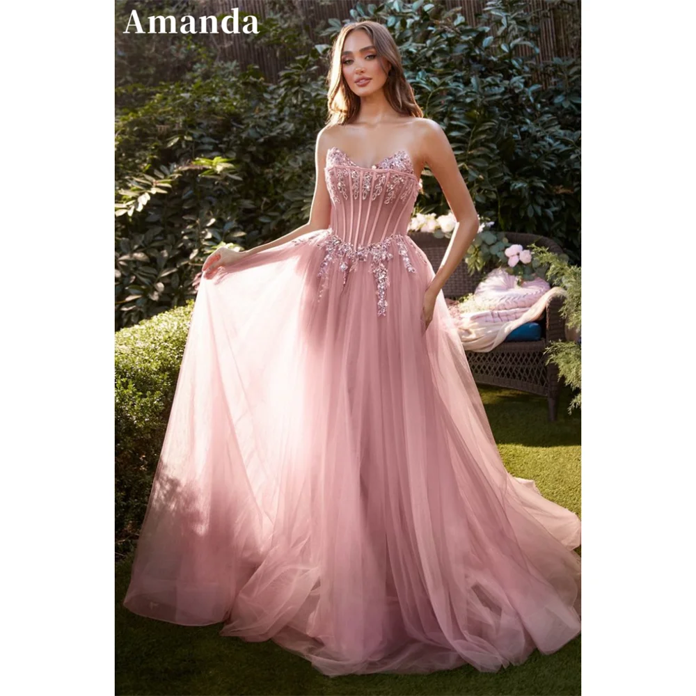 

Amanda Gentle Pink A-line Vestido De Novia Sequins Strapless Prom Dress 2024 Sweet Sequins Lace On Chest Tulle Evening Dress