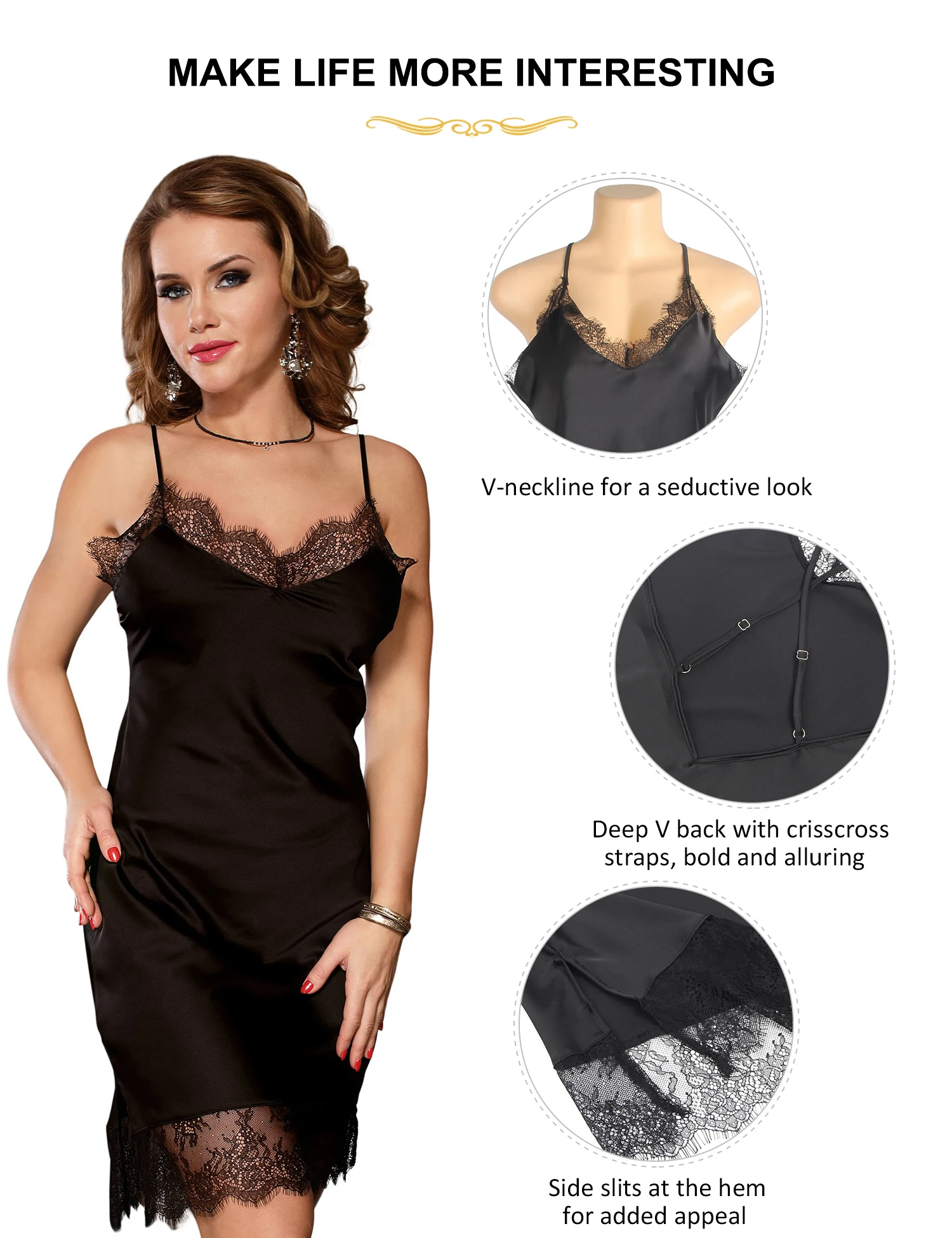 Ohyeahlady Damen-Nachthemd mit floraler Spitze, einfarbig, schwarz, Satin, Seide, Nachtwäsche, Nachthemd, elegant, Übergröße, sexy Babydoll-Dessous