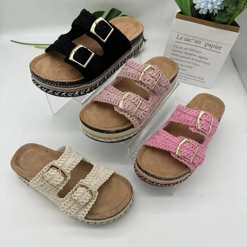 2024  women shoes claquette femme new thick-soled hemp rope double buckle square buckle cork beach slippers plus size