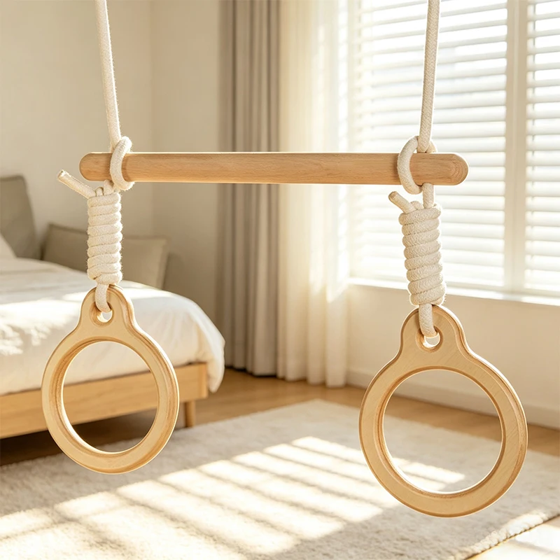 Real Wood Children's Rings Fitness Training Pull-ups Indoor Home Use Band One Pair Physical Strength Training Equipment