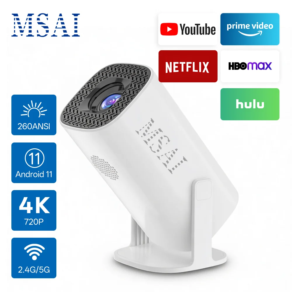

MSAI P30Pro Смарт-проектор Android14 WiFi6 BT5.0 720P 4K 30 кадров в секунду декодирование 4-точечный брелок 40-120 дюймов 25 дБ для дома и улицы