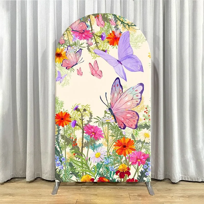 Elastic Double-layer Arch Backdrop Cover Whimsical Floral Butterfly Garden Backdrop Set for Elegant Events and Photo Sessions