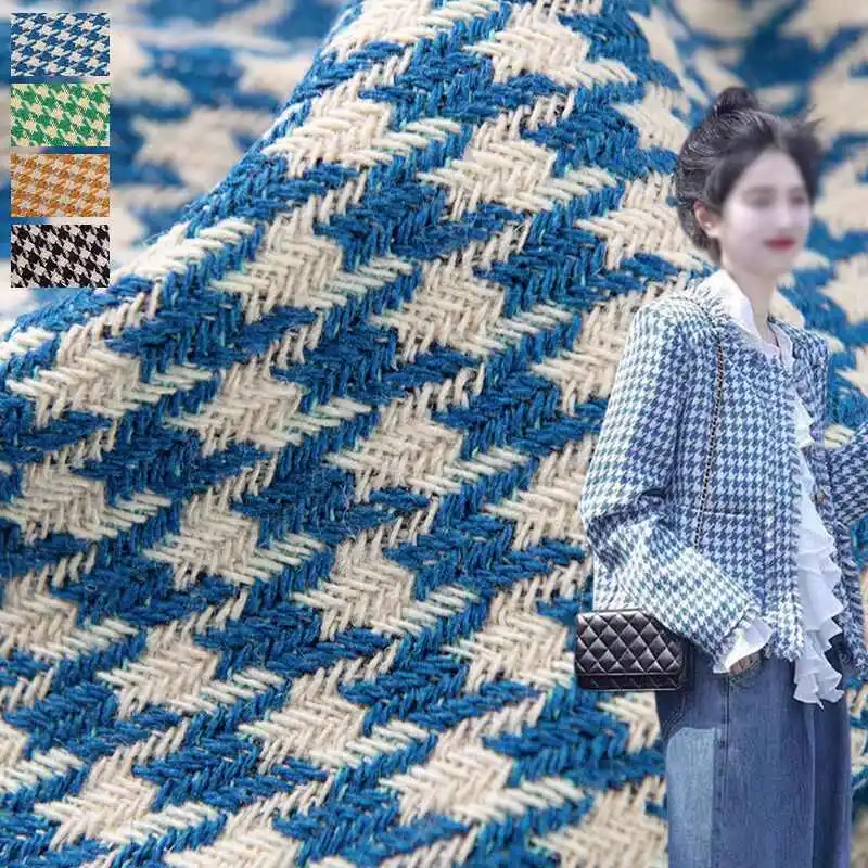 20% Wool and 80% Polyester Mixed Textile Houndstooth Grid High-end Coarse Tweed Fabric Clothing Suit Jacket Fabric, Handmade DIY