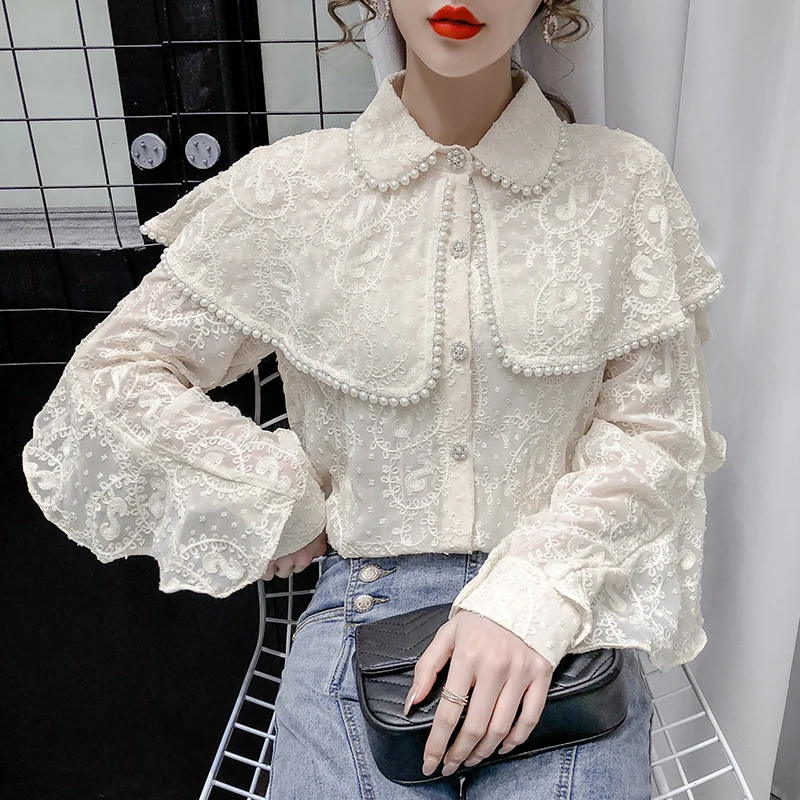 Autumn Fashion Women Chiffon Blouses Long Sleeve Beading Women Tops Casual lace Office Lady Women Clothing