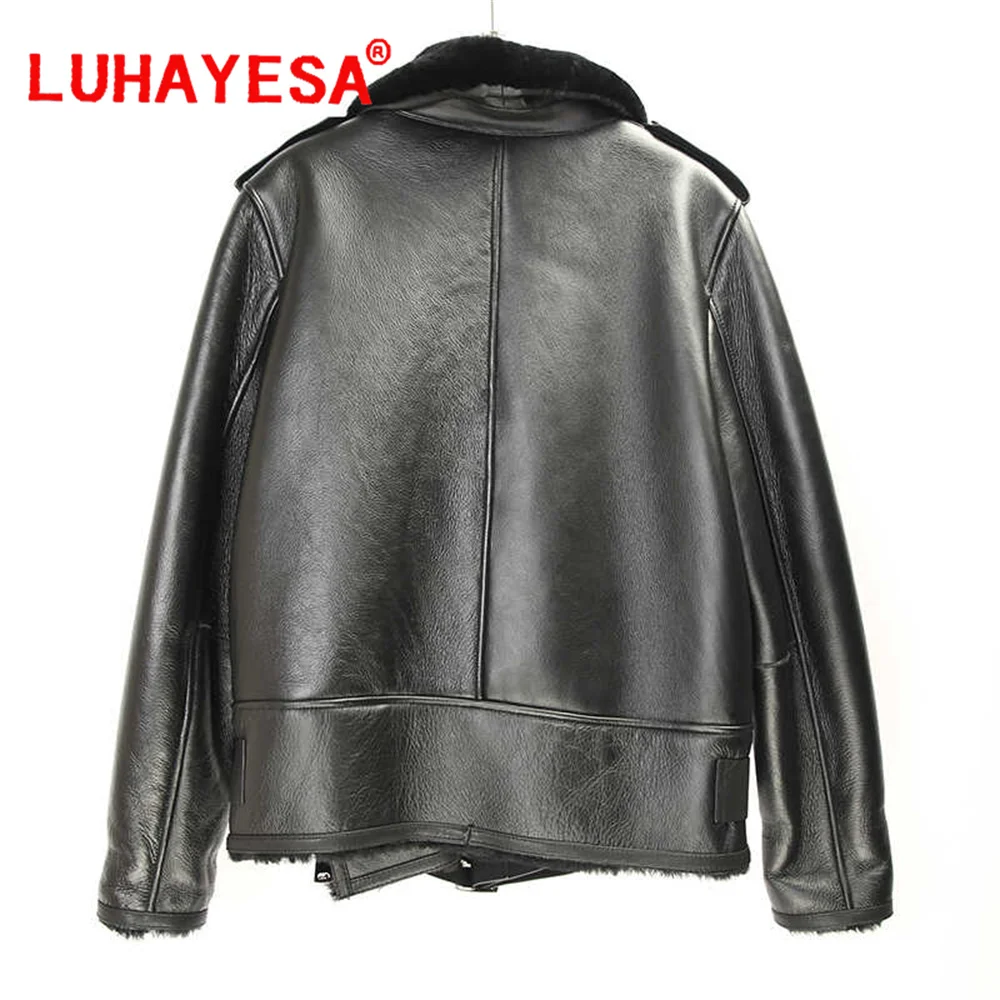 Luhayesa-Veste en peau de mouton mérinos pour femme, vêtements en peau de mouton, noir, cuir véritable, Australie, hiver, 2024