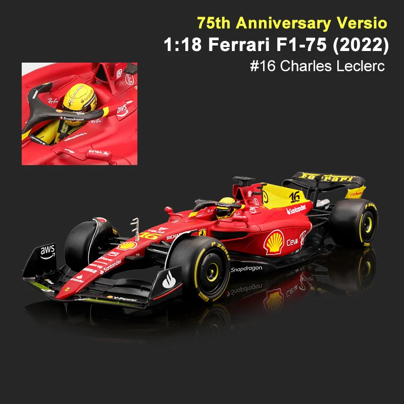 Bburago 1:18 2022 F1-75 F1 #16 Charles Leclerc Monza Centennial Formula Car Static Die Cast Vehicles Collectible Model Car Toys