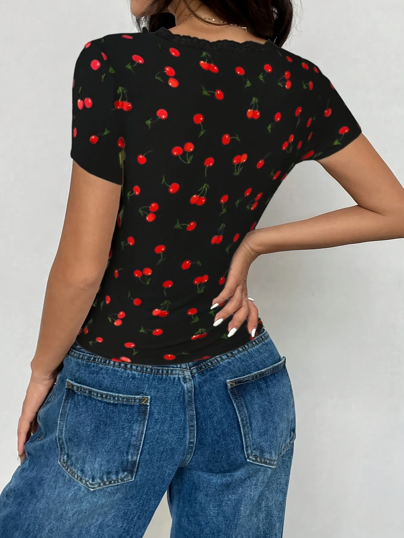 Tops para mujer Rockabilly Y2K Camiseta de manga corta con estampado floral y ribete de encaje con botones en la parte delantera Camisa corta informal con hombros descubiertos Blusa vintage