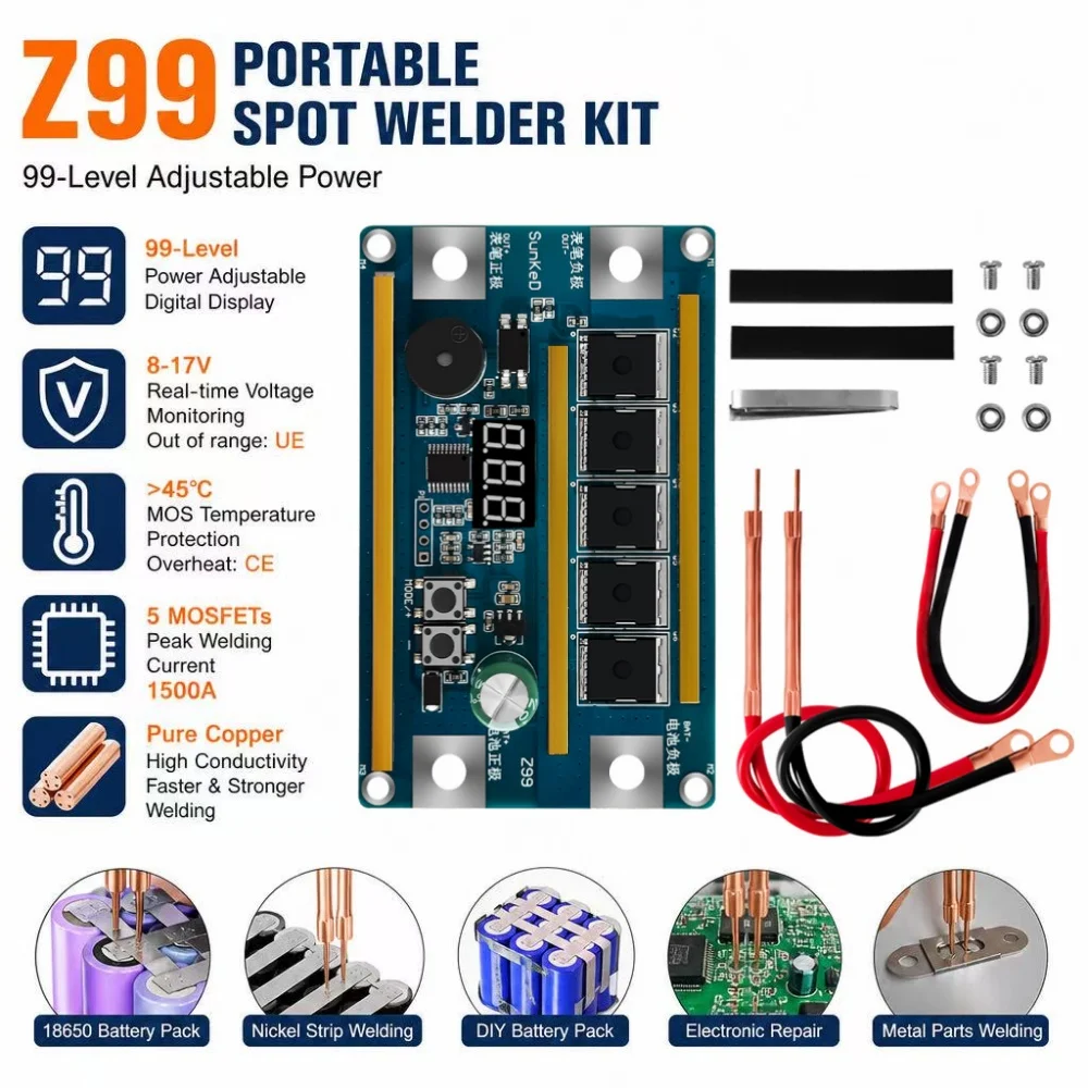 Z99 Portable Spot Welder Kit, 12V, 99-Level Power Adjustable, 18650 Lithium-Ion Battery Spot Welder, Voltage Monitoring