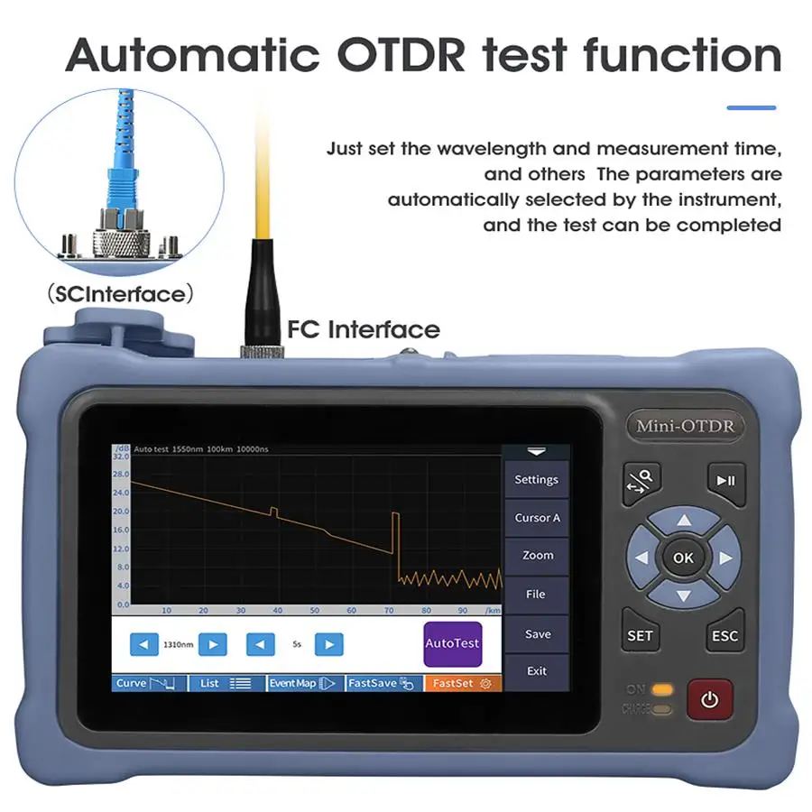 4.3 Inch Touch Screen MINI OTDR 1310/1550nm Optical Time Domain Reflectometer  VFL OLS OPM Event Map Ethernet Cable Tester 100KM