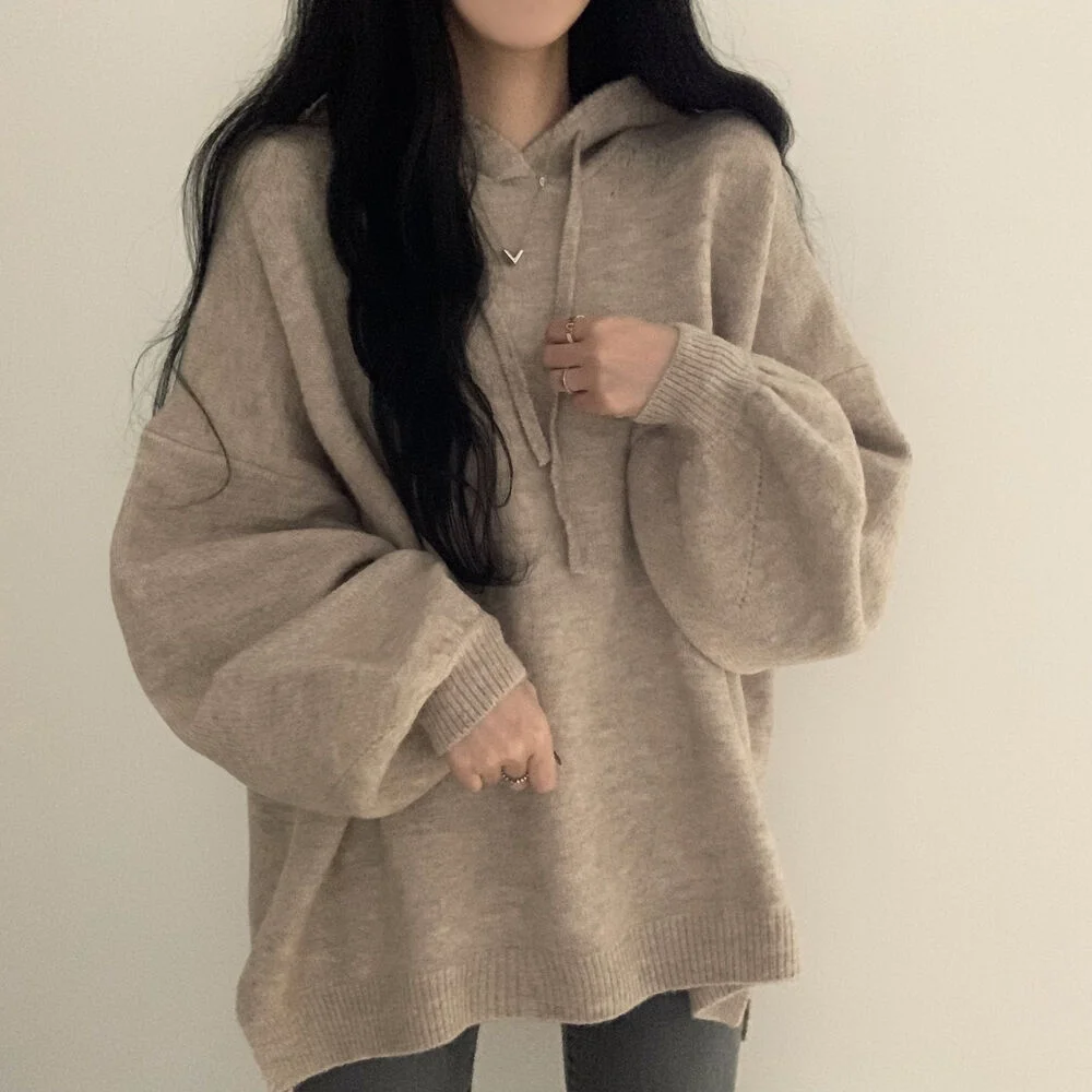 

Loose Fit Korean Sle Sweater Hooded Bubble Sve Overhead Split Sweatirt Knitted Top for Women Casual Wear Winter Collec...