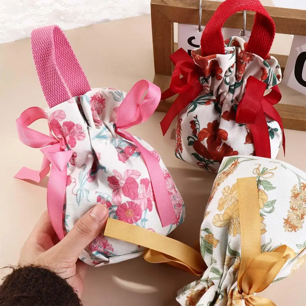 

Fashion Bird Canvas Drawstring Bag Floral Korean Style Small Flower Wrist Bag Large Capacity Bucket Bag Bowknot Handbag Outdoor