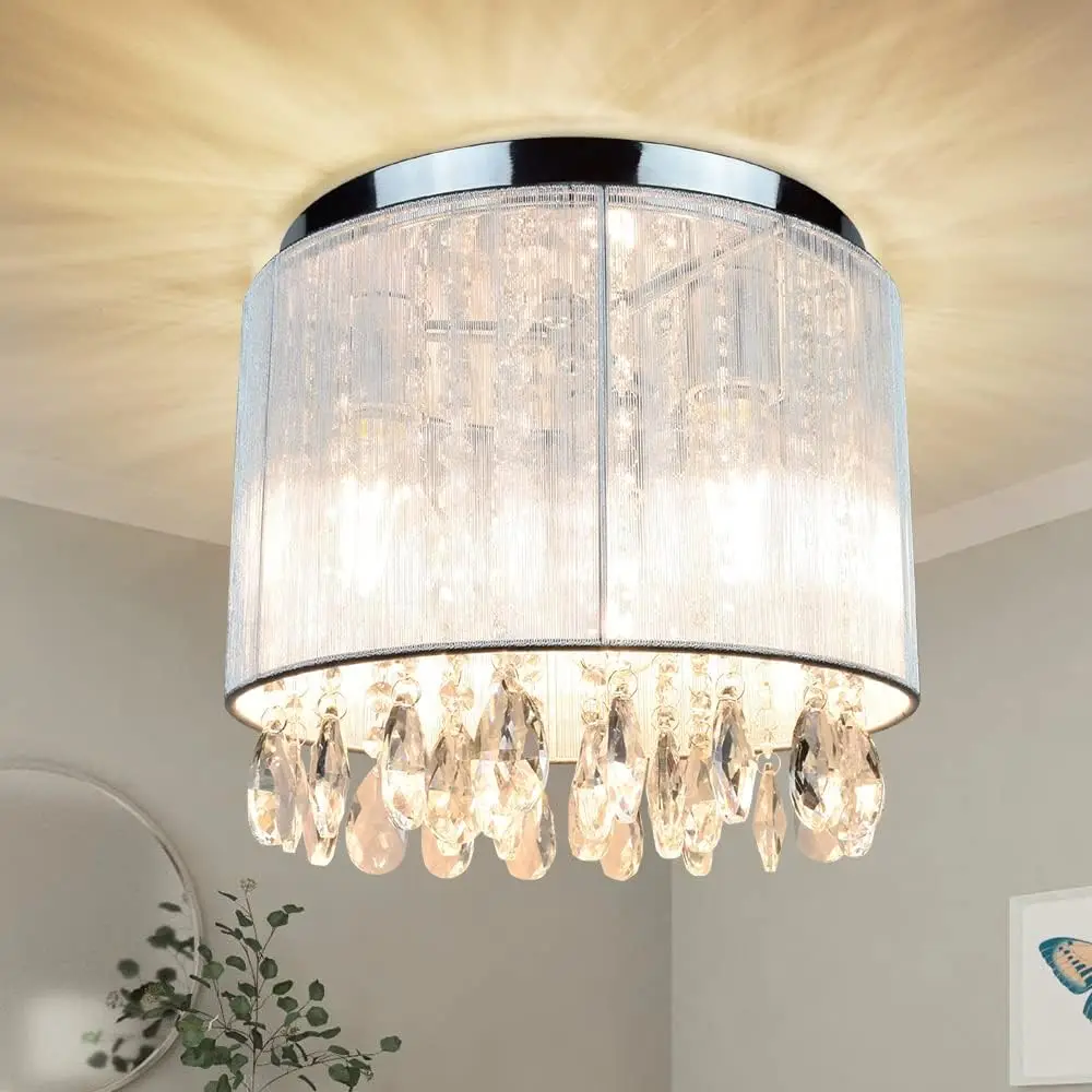 

Depuley Crystal Chandeliers Flush Mount Ceiling Lighting Fixture with Cylinder Net Lamp Shade for Living Room Hallway Entrance