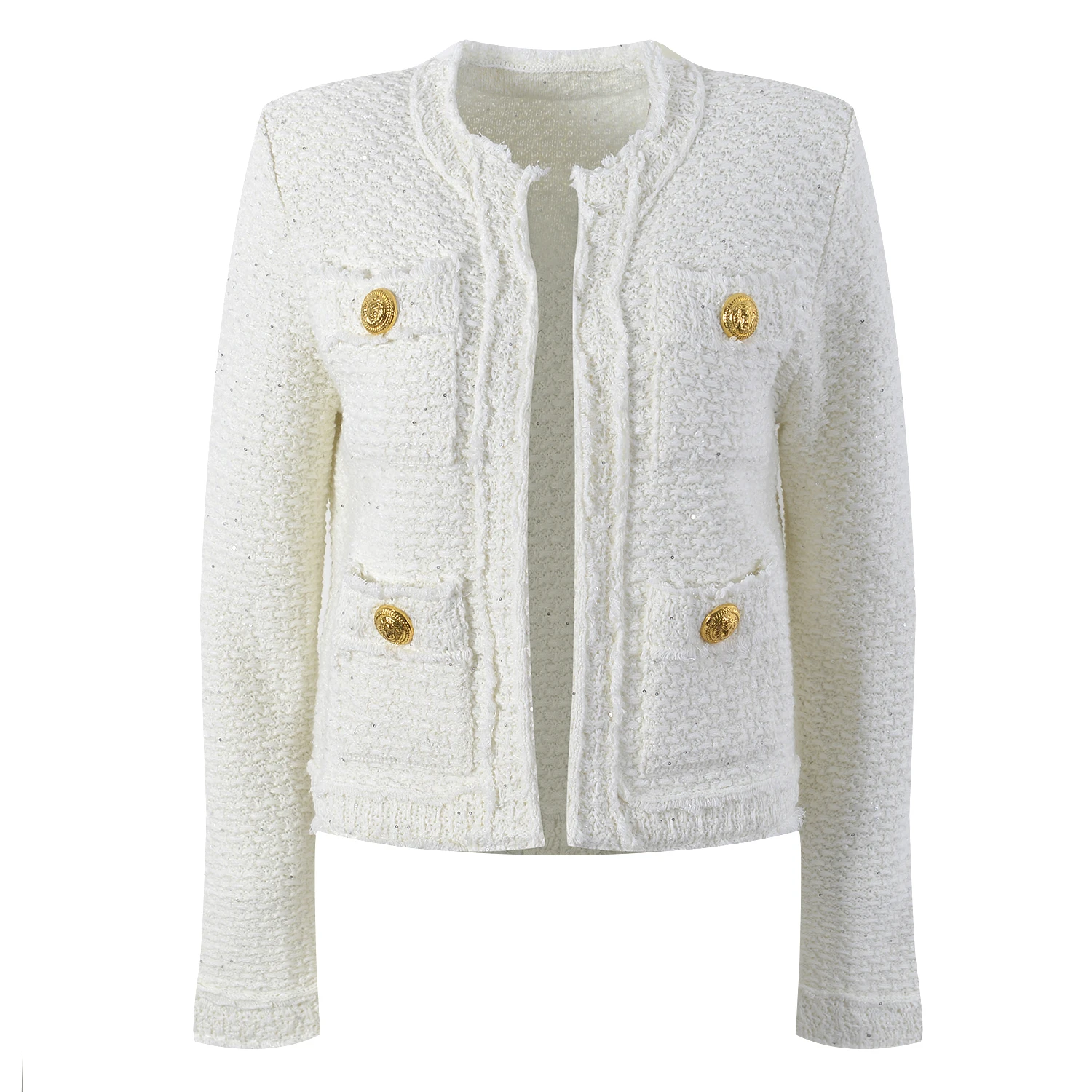 High-End Version European Style Gold Buckle Thick Tweed Short Coat Women's Autumn High-End Feeling Frayed  Top
