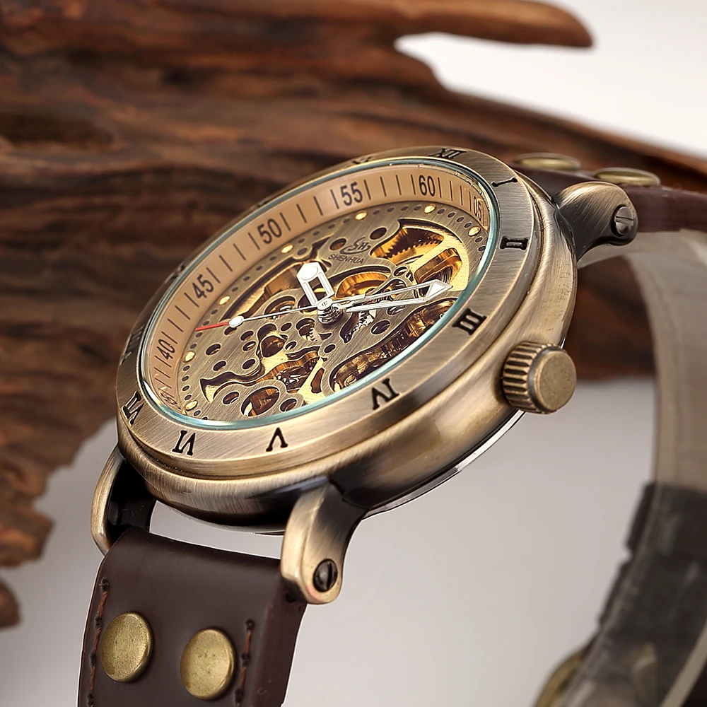 Luxury Brand Men Retro Bronze Steampunk Skeleton Automatic Self-wind Mechanical Relogio Leather Sport Men\'s vintage Wrist Watch