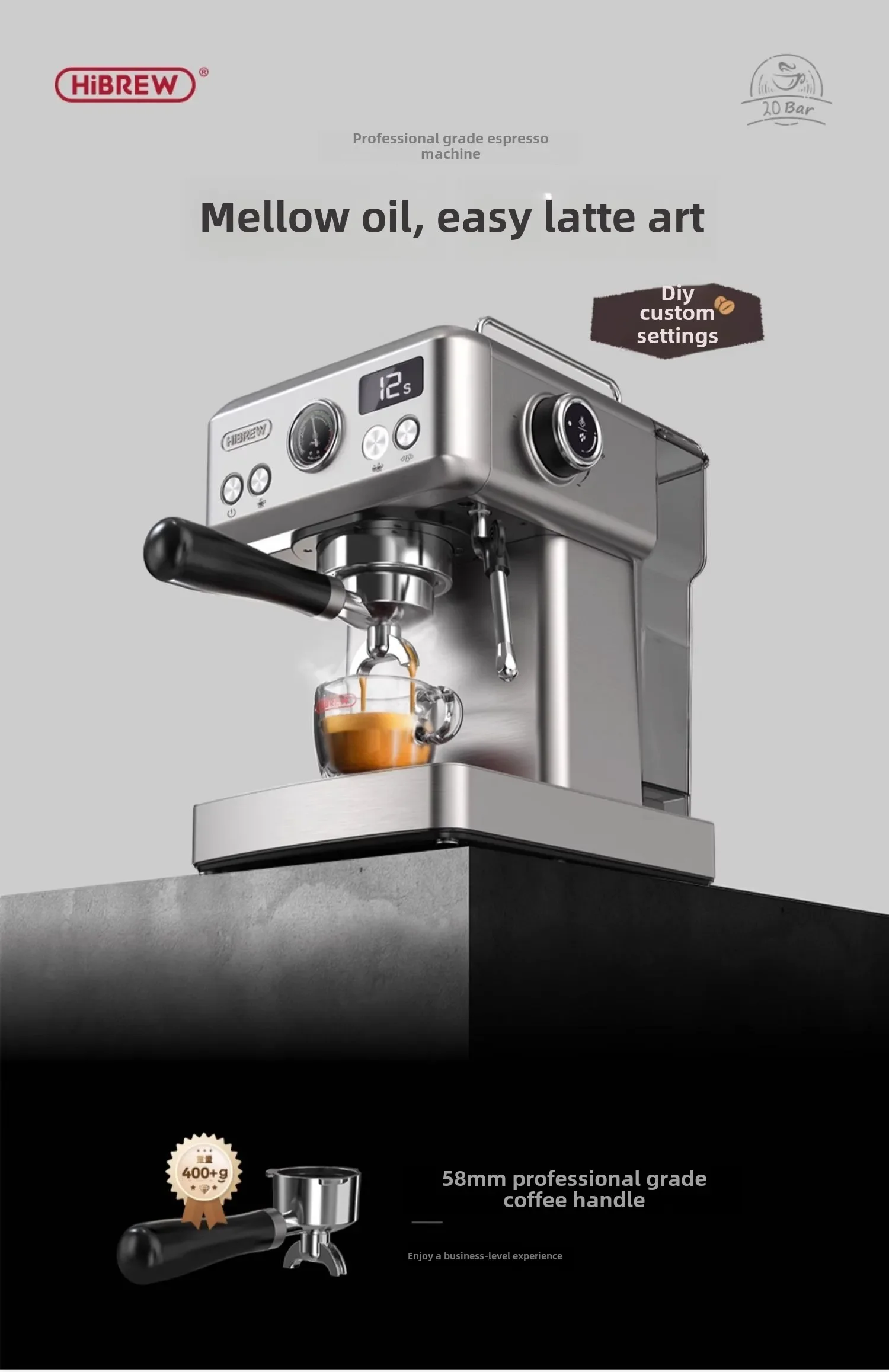 HiBREW Coffee Machine Fully Semi-automatic Italian Concentrated Extraction Household Small Steam Milk Foaming Integrated H10A