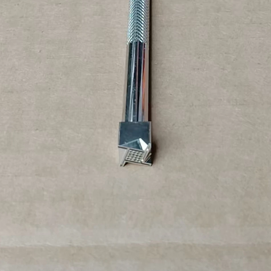 Precision steel engraving and embossing functions for tools used in leather craftsmanship, featuring geometric grid patterns.