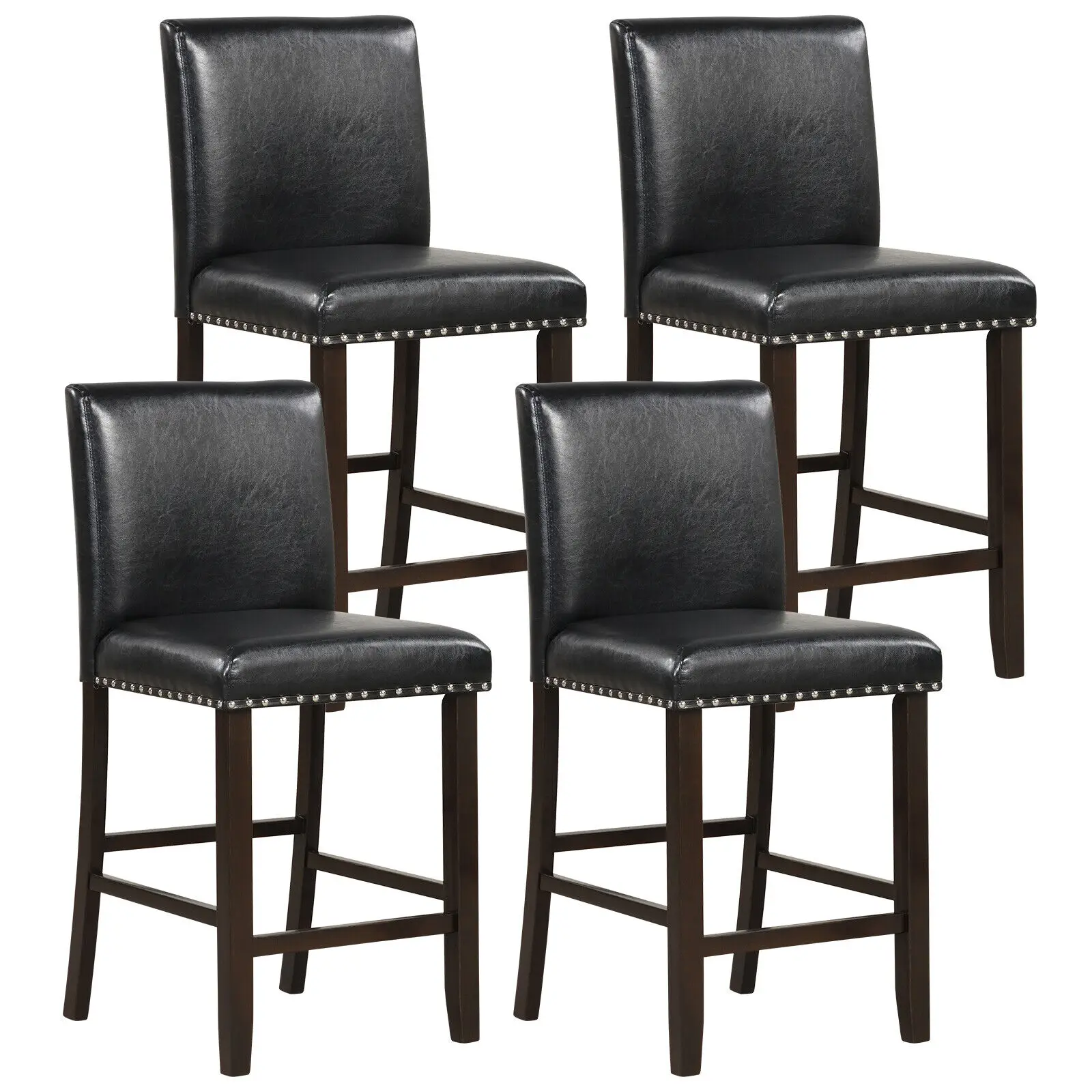 CostwaySet of 4 Bar Stools PVC Leather Counter Height Chairs for Kitchen Island Black