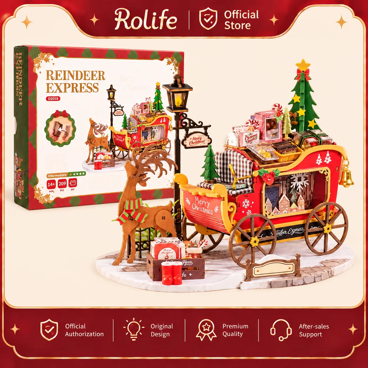 Rolife Reindeer Express DIY Miniature House Kit Christmas DecorIntermediate Level 2.5 Hours Wooden Moving Sleigh Model Kit Gift