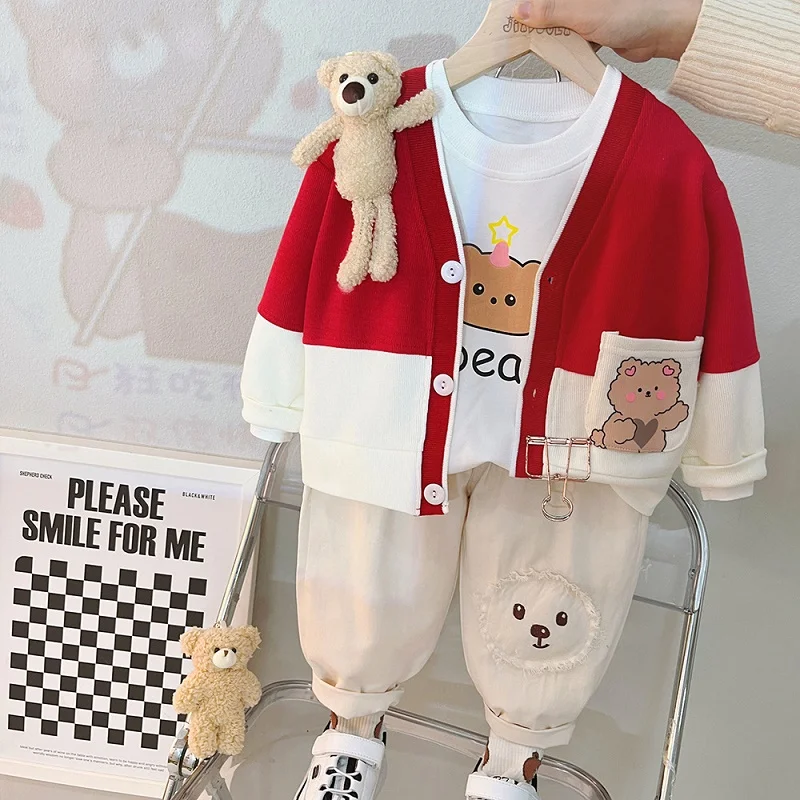 Spring baby cartoon pendant bunny long sleeve suit 0-4 years old children's long sleeve cardigan three piece simple casual sport