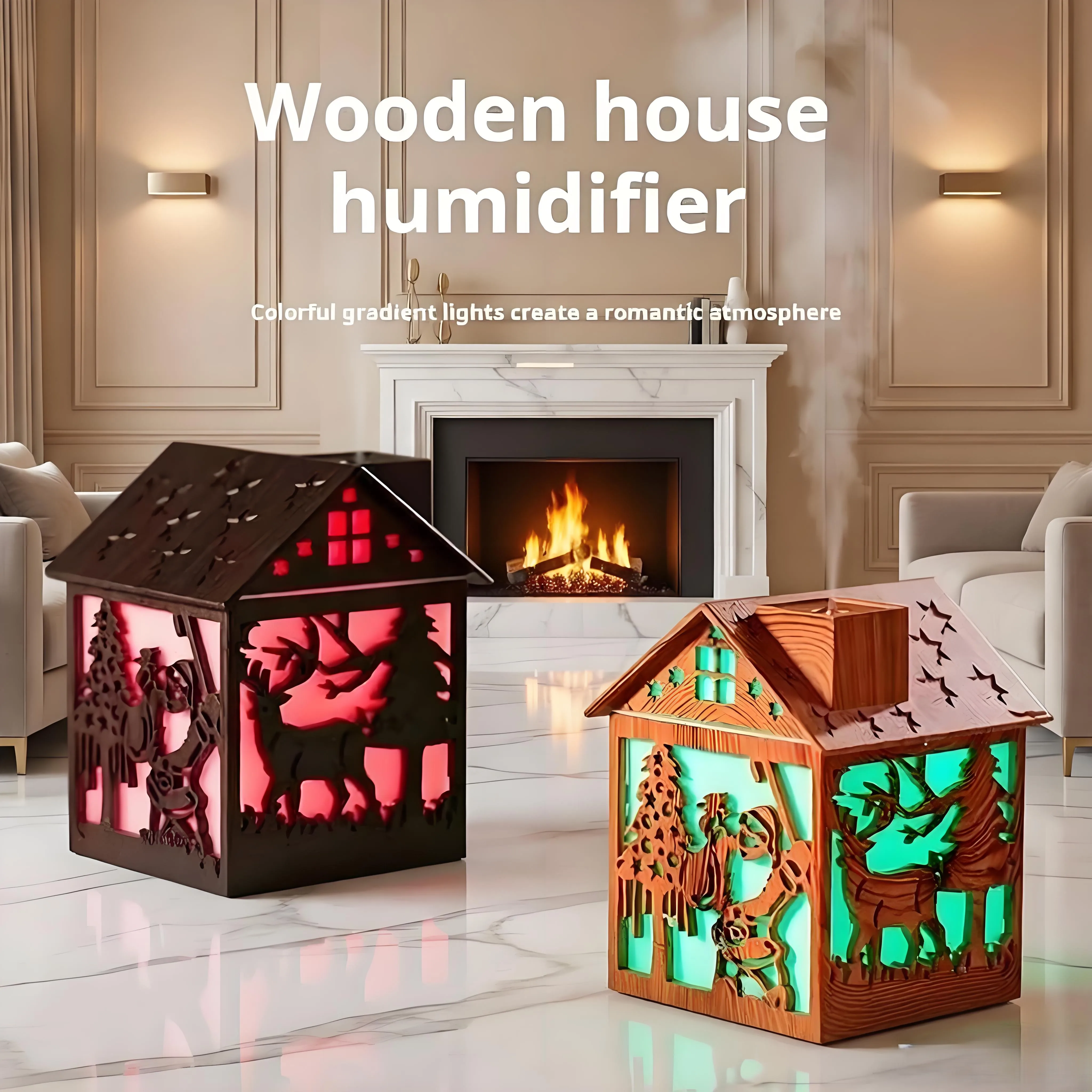 Desktop Decoration New Colorful Night Light Atmosphere Home Wooden House Humidifier