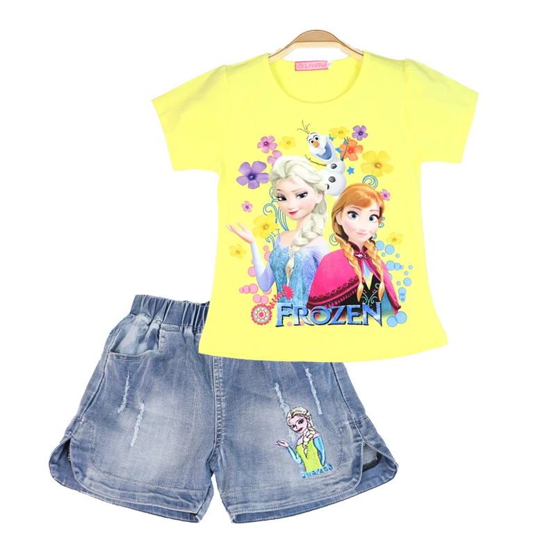 

2024 Disney Frozen Girls Suit Kids Short Sleeve T-shirt Jeans Shorts 2 piece set Sofia Summer Kids 100% cotton