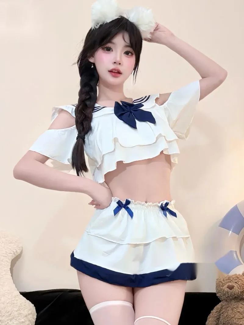 

Sexy Skirt Sets Elegant Student Ruffled Sweet Pure Desire Sexy Bowknot Round Neck Short Sleeved Short Skirt Sets Charming 0FG7