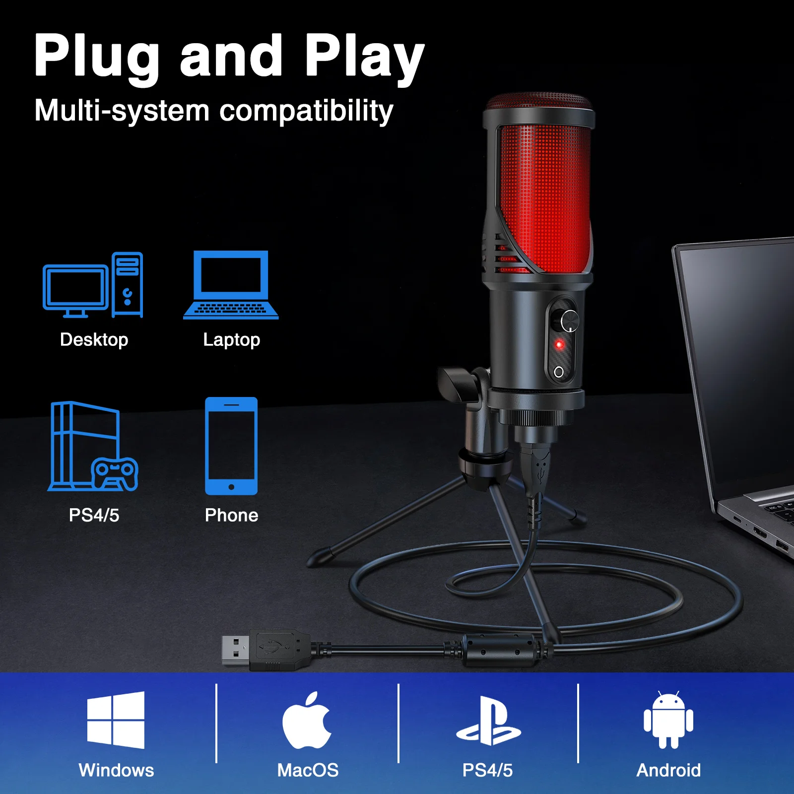 Usb Microphone Desktop Condenser Podcast Condenser Microphone Gaming Microfono Recording Streaming Microphones with Light