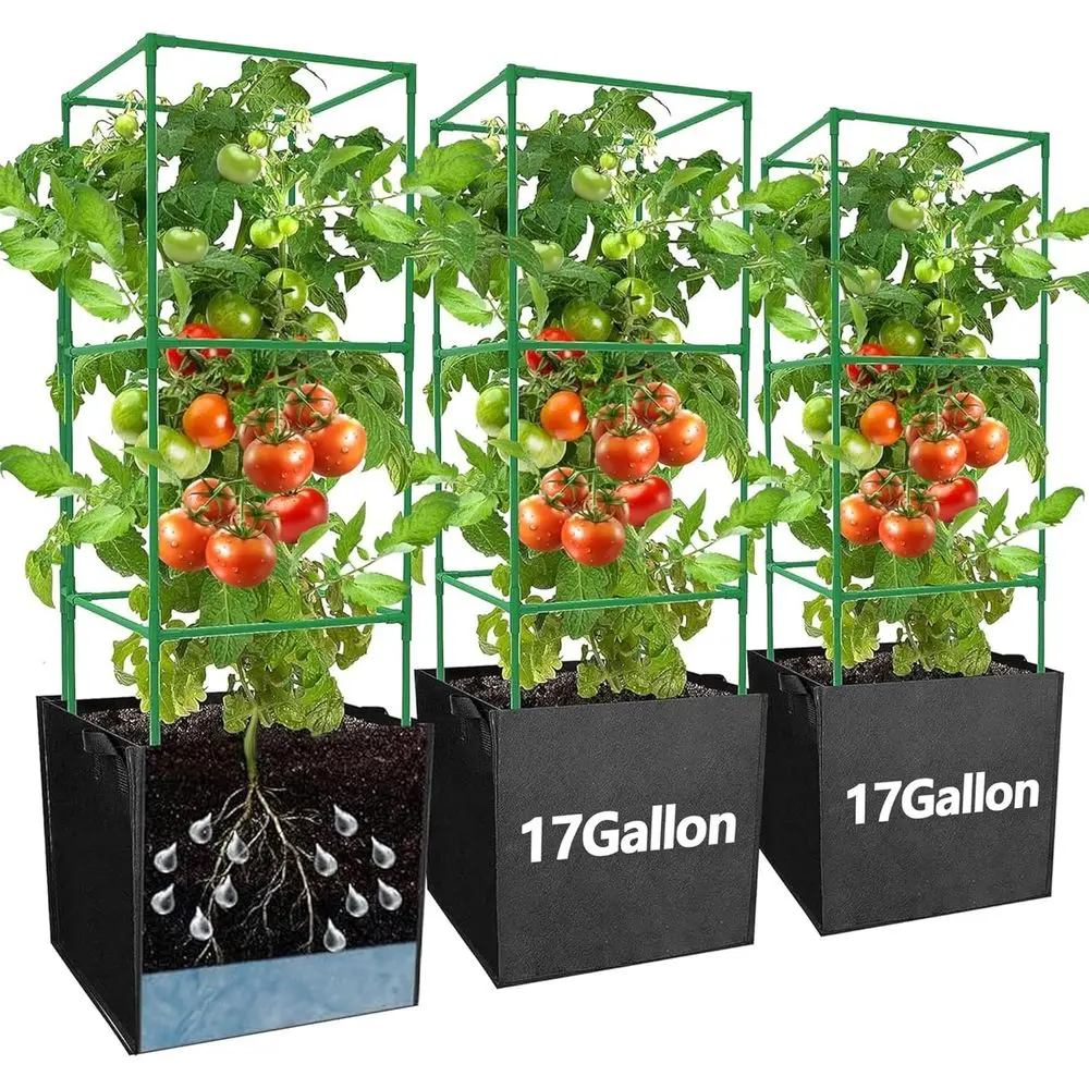 3 Packs 47 x 16 x 16 Inch Garden Tomato Cages with 17 Gallon Grow Bags - Square Plant Support Trellis Assembled with Planter Bag