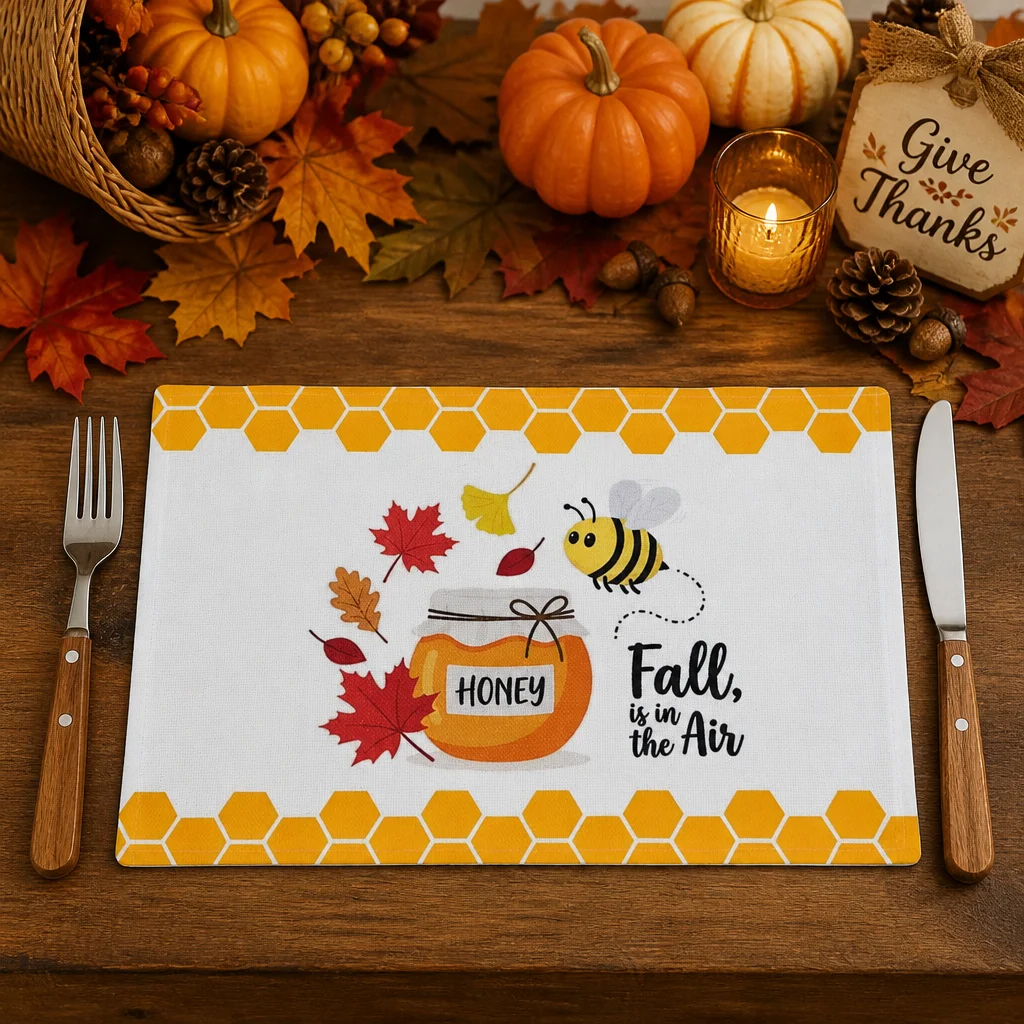 1/2/4pcs maple leaf bee honey rectangular placemat in autumn, Fall is in the Air polyester placemat, suitable for autumn.=