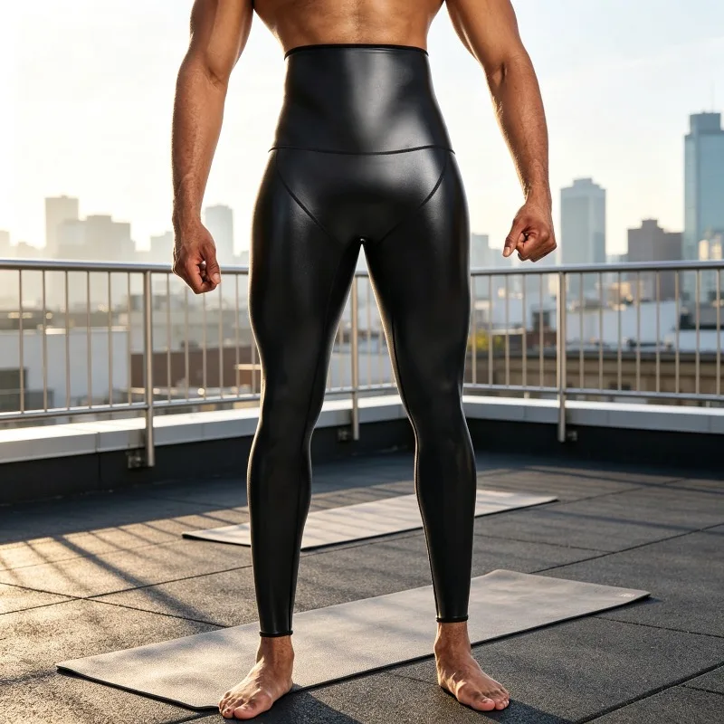 Men High Waist Leather Pants with Shaping and Toning Effect Perfect for Workout Recovery Casual Outings and Street Style