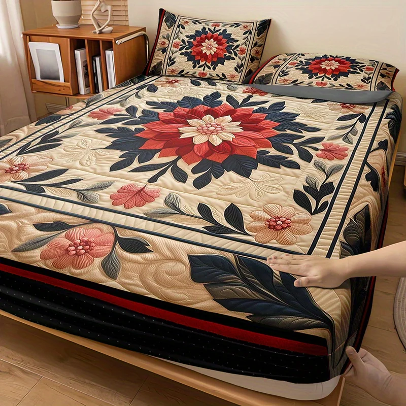 Exquisite Floral Print Fitted Sheet Set with 2 Pillowcases - High-Definition Printed Bed Sheets for Home And Dormitory