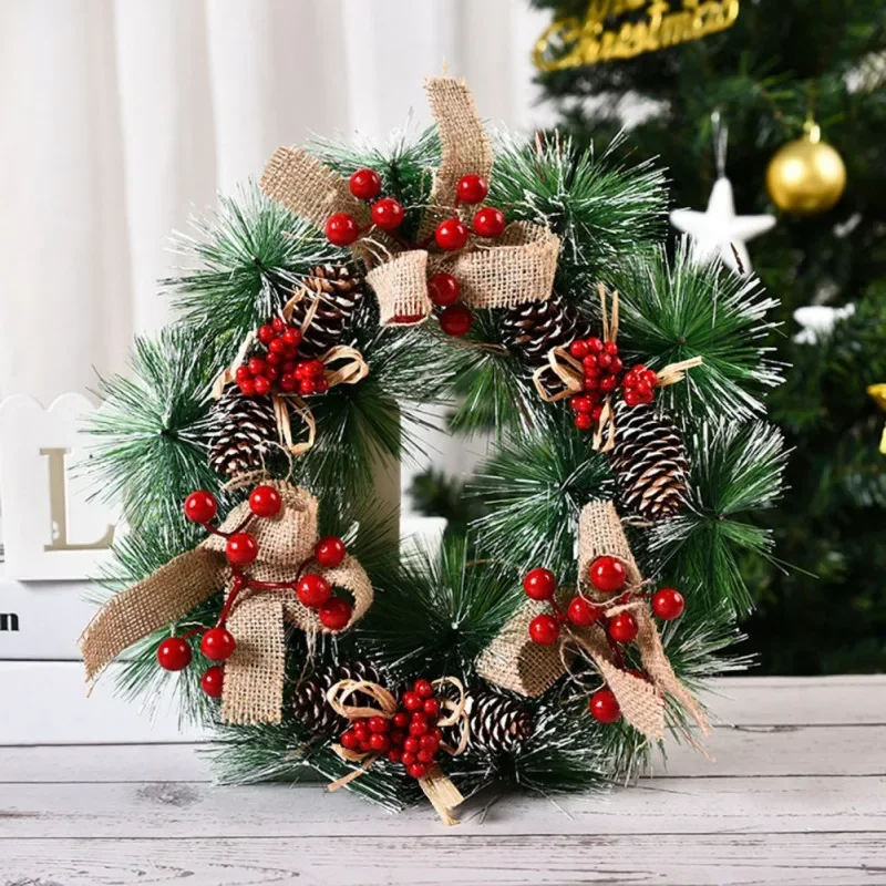 32cm Front Door Christmas Wreath With Christmas Pine Cone Pine Needle Snow Christmas Garland Hanging Wreath Decoration Ornament