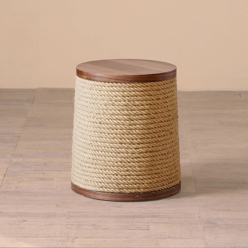 Solid wood hemp rope woven creative round small coffee table, personalized small coffee table B & B bedside stool