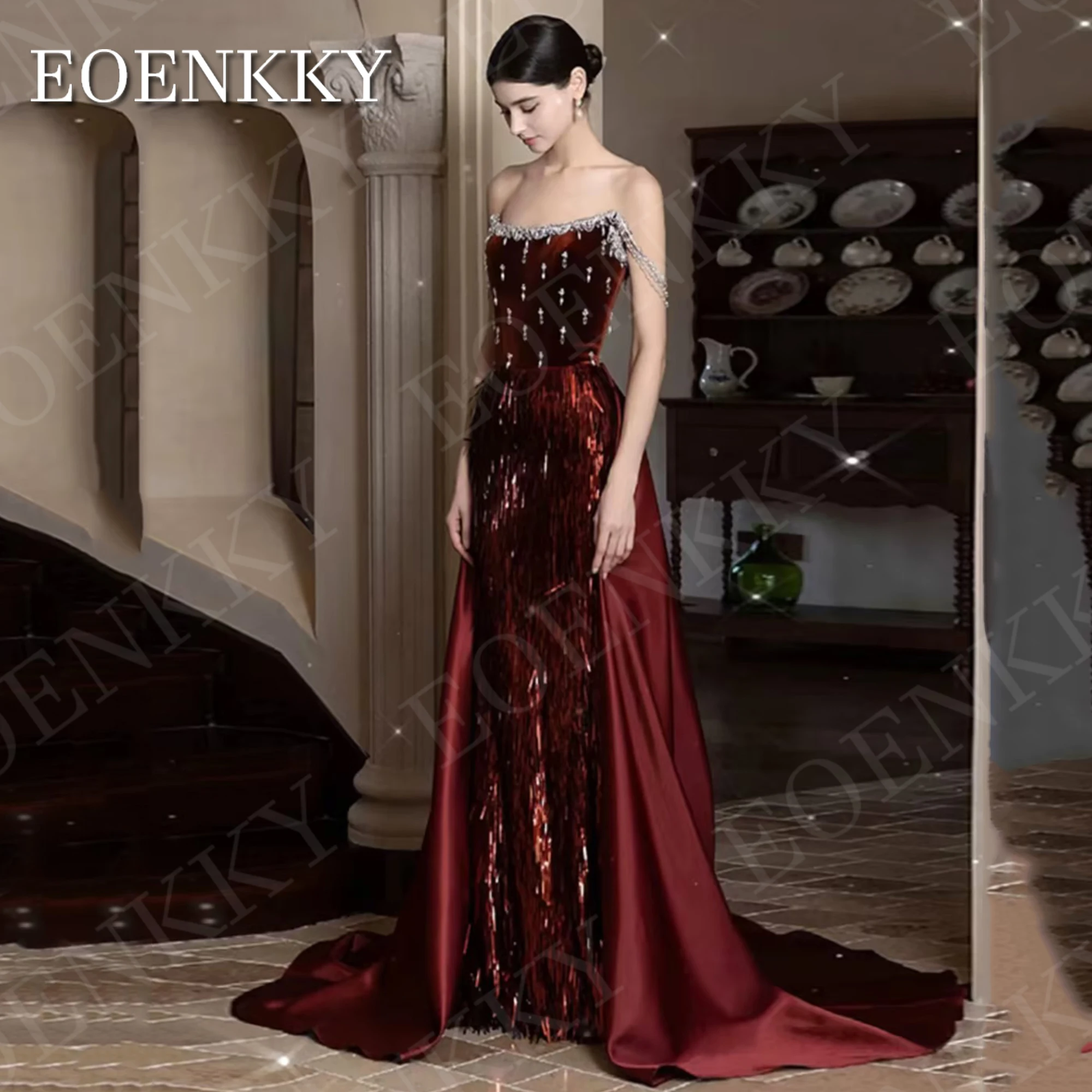 EOENKKY Saudi Arabia Mermaid Evening Dresses Luxury Crystal Off Shoulder Pageant Dress Detachable Train Prom فستان سهرة نسائي