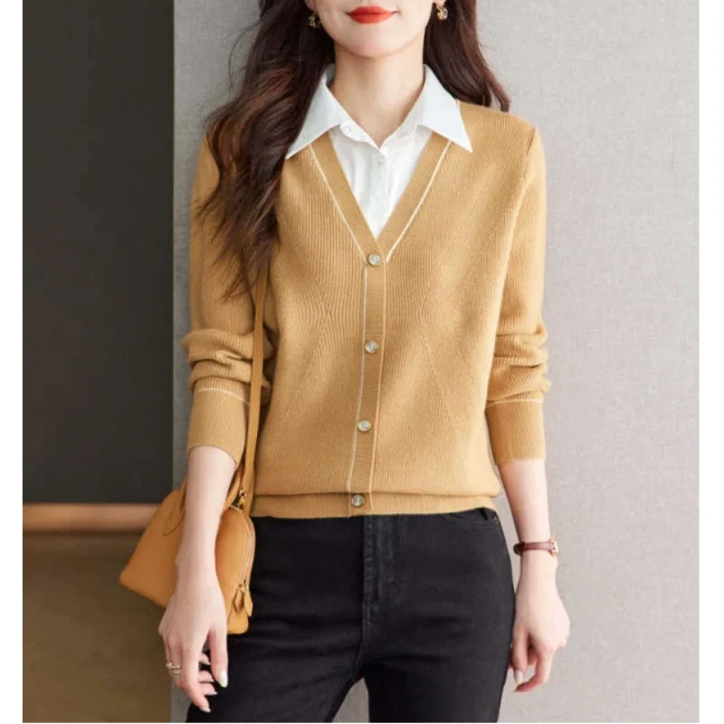 

Женский весенне-осенний новый искусственный вязаный топ из двух предметов, модный стильный лоскутный пуловер с воротником рубашки, закрывающий живот