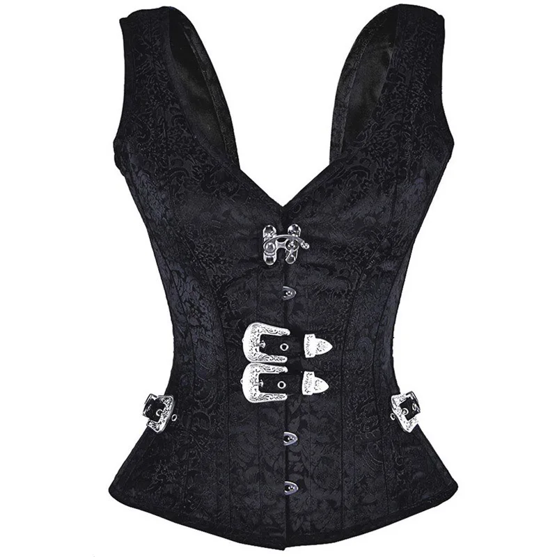 Top Shoulder Strap Black Buckled Waist Trainer Vest Corset Overbus Women Steampunk