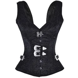 Top Shoulder Strap Black Buckled Waist Trainer Vest Corset Overbus Women Steampunk