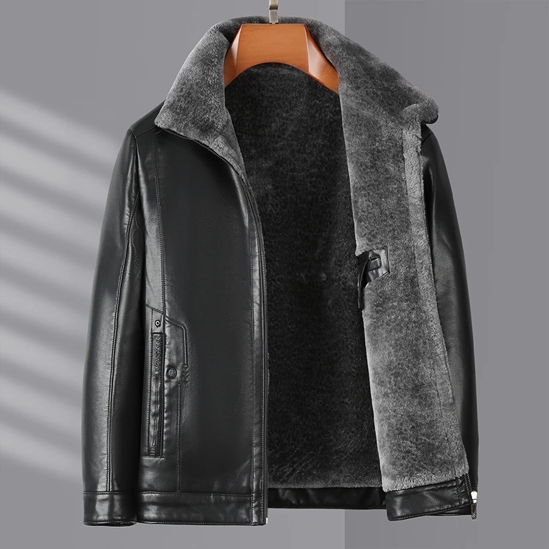 

Winter Fleece PU Leather Jackets For Men's Windproof Plush And Thicken Coats Business Casual Outwear Solid Color Parkas Clothing