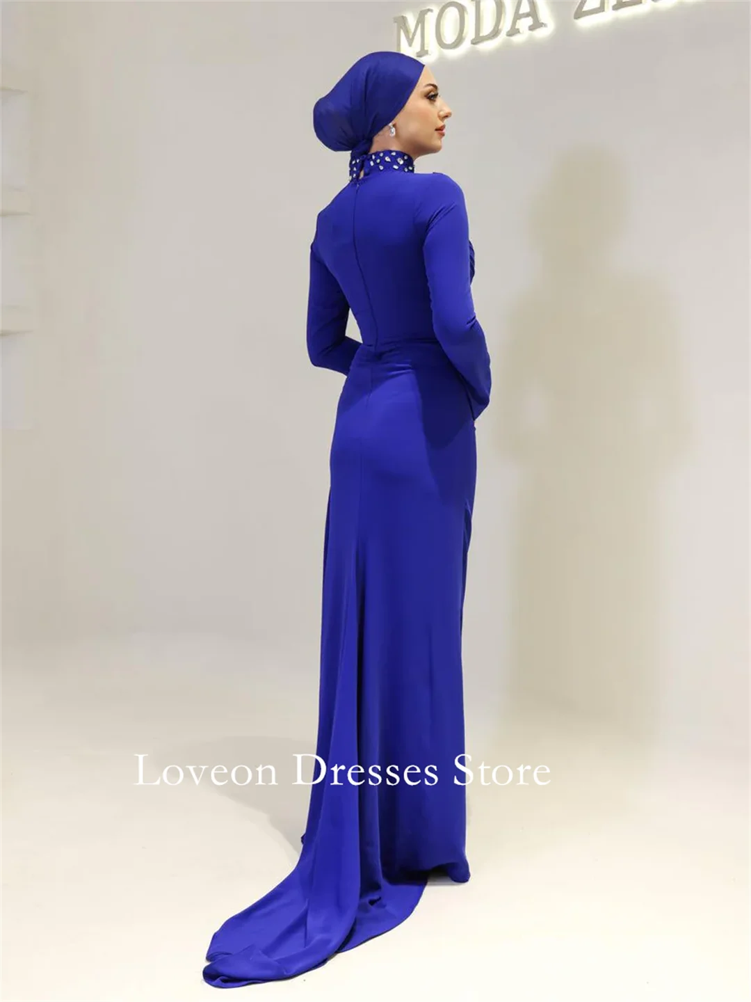 Alta pescoço crepe cetim formal vestidos de noite sereia mangas completas estilo árabe personalizado elegante baile de formatura crescidos festa feminina