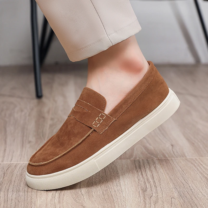 أزياء مريحة الانزلاق على الجلد المدبوغ رجل المتسكعون الرجال عارضة أحذية تنفس خفيفة الوزن المشي أحذية قيادة الأخفاف المسطحة #4