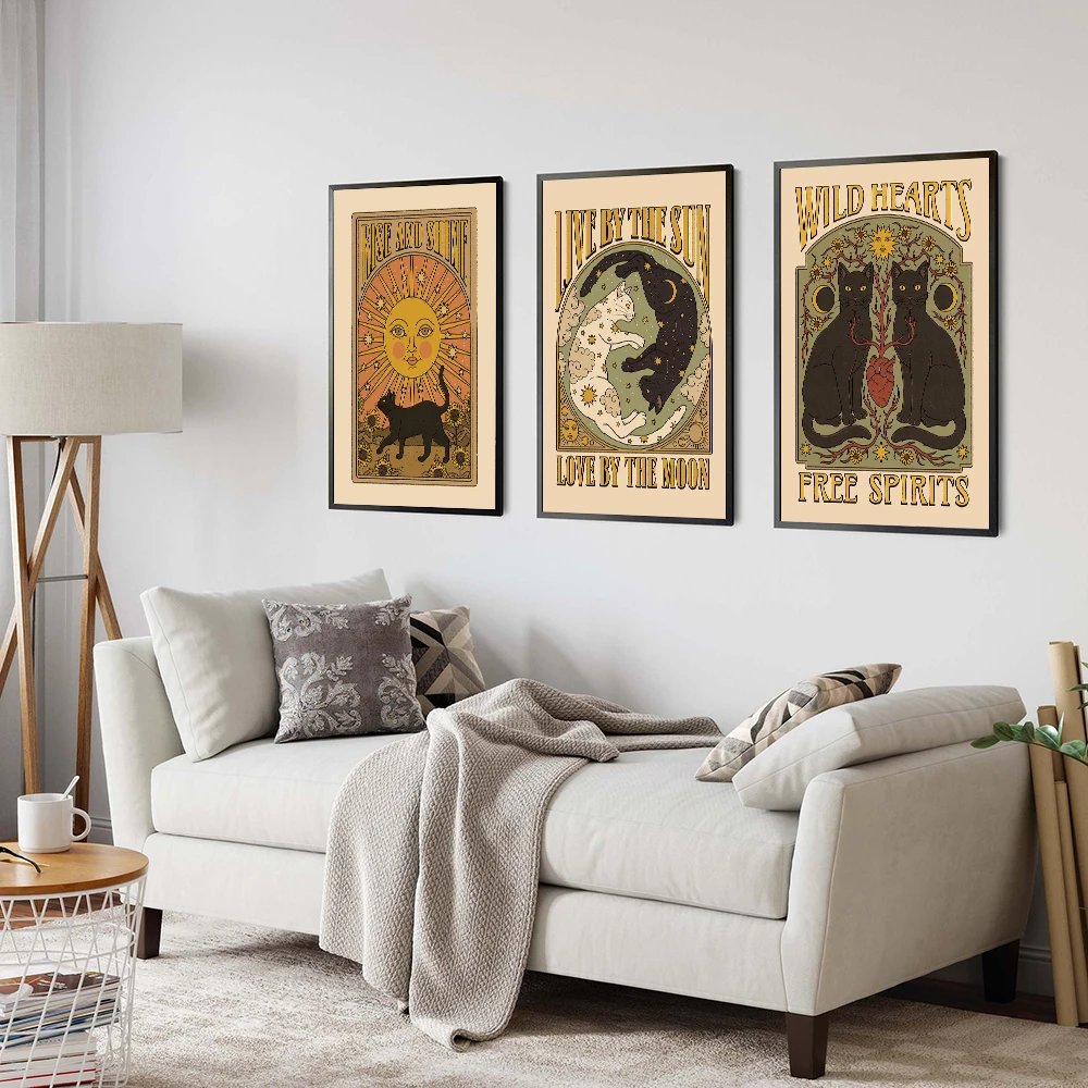 Witch Fortune Sun Moon Stardust Retro Animal Luck Cat Canvas Painting Room Home Decor Tribe Poster Print Vintage Card No Frame