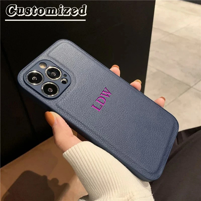 Personalized Case For iPhone 15 14 13 12 11 Pro Max Custom Initials Name 3D Letter DIY Engraved Cover 15 Pro Luxury Leather Case