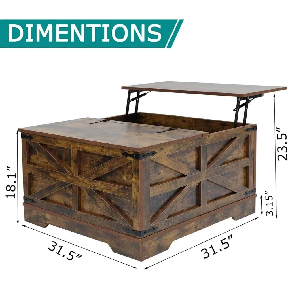 Tavolino da caffè marrone con contenitore, tavolo da cocktail con piano sollevabile incernierato, tavolo centrale quadrato in legno da fattoria con ampio spazio nascosto
