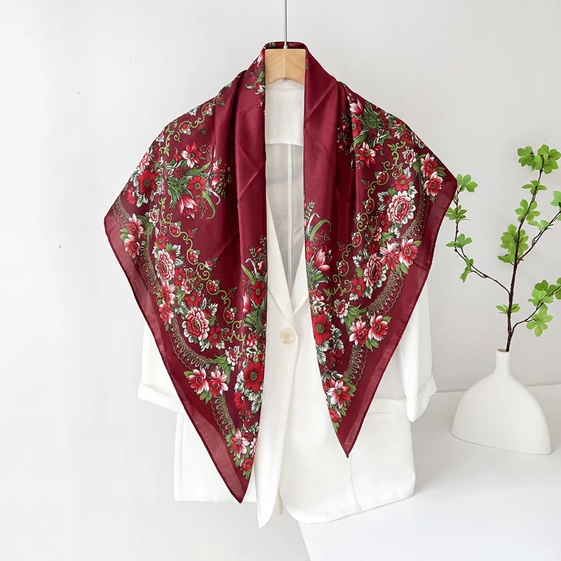 

Vintage Satin Square Scarf Women Summer Hijab Retro Floral Border Print Lightweight Neck Wrap Hair Tie Casual Travel Headwear