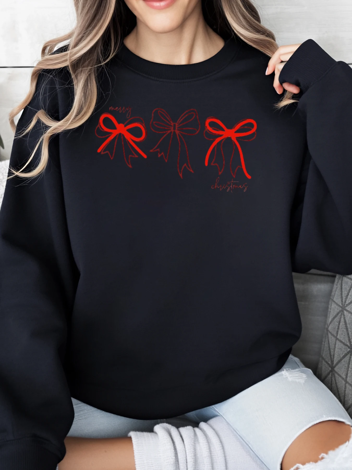 Red Bow Merry Christmas Print Sweatshirt Holiday Women Casual Wear Black Plus-Size