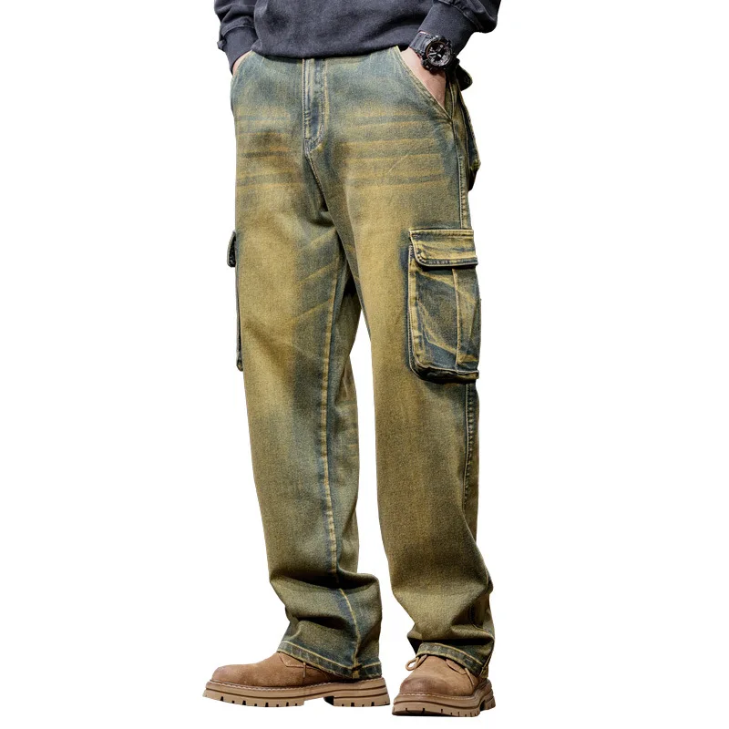 Autumn Winter Jeans Multi-pocket Retro Trendy Denim Pants Men's Loose Straight Plus Size 44 Tooling Micro Elasticity Trousers