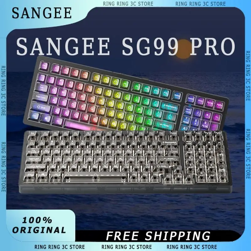 

Беспроводная механическая клавиатура Sangee SG99pro, 3-режимная клавиатура RGB с функцией горячей замены, низкий уровень шума, быстрый отклик, высокая производительность, пользовательская игровая клавиатура