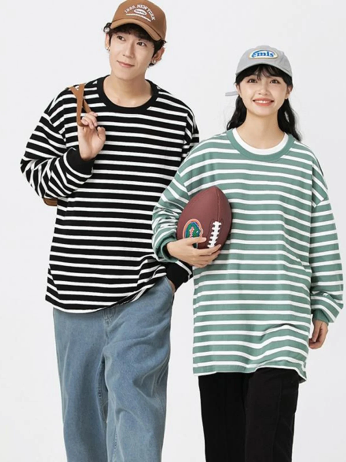 

Couples Thiened Pure Cotton Long Sve T-irt round Ne Sea Soul Striped Base irt Spring Autumn Men's Faion Casual Wear