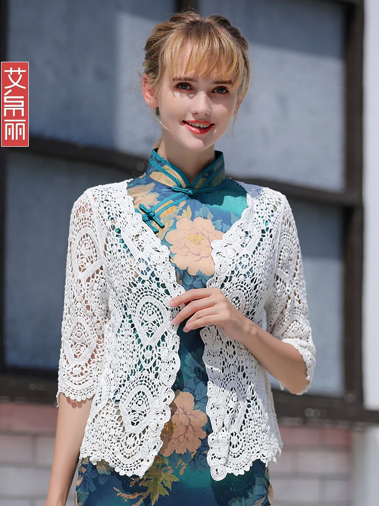 Women Cotton Crochet Cute Tops Floral Embroidery Chiffon Sleeve Cover Up Crop Tops Summer Beach Style Sweet Retro Tops