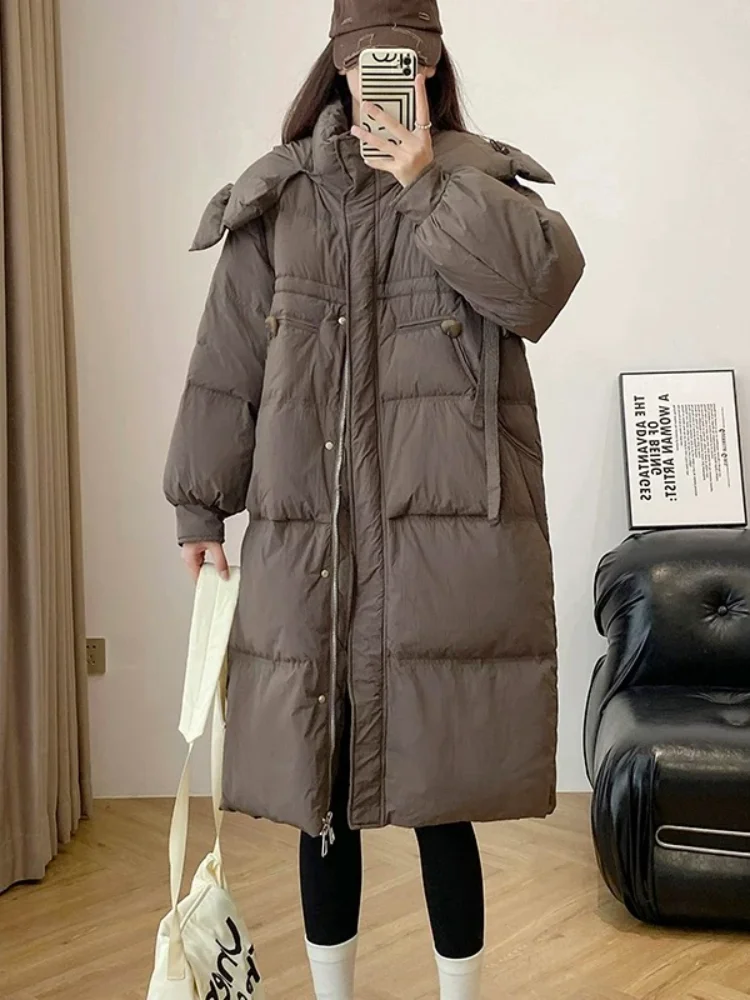 Long Down Jackets for Women, Drawstring Hooded Parker, Windproof, Thick Warm, Snow Outerwear, Korean Stylish, Winter, New